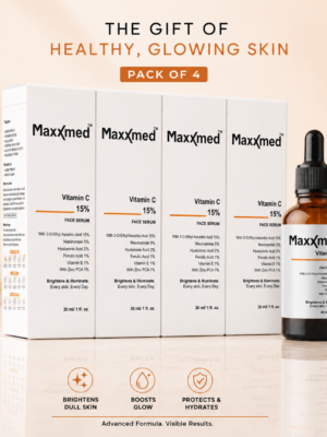 Maxxmed Vitamin C 15% Face Serum with Niacinamide, Hyaluronic Acid, Ferulic Acid and Zinc PCA, 30 ml For Glowing Skin ,Fragrance free | For Men & Women |All Skin Types|,Fades Dark spots and hyper pigmentation. 30ML ( Pack of 4 )